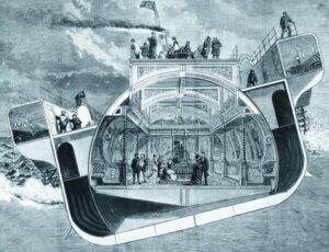 Cross section of a paddlesteamer. What looks like a Victorian dance hall is perfectly horizontal within whilst the ship is pitched at a crazy angle.