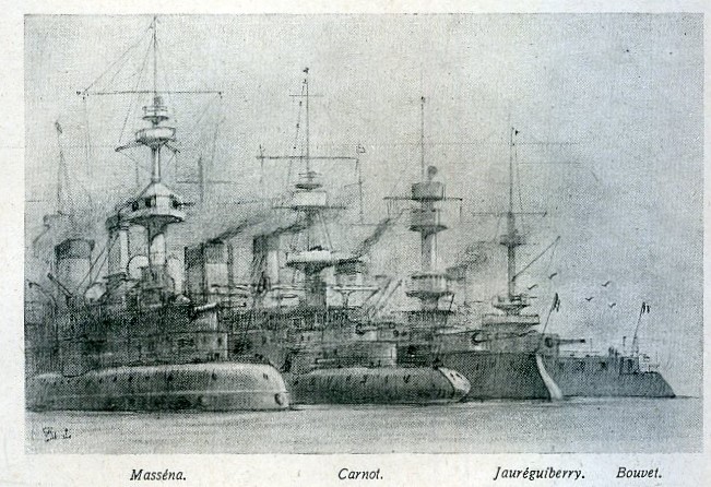 Drawing of battleships Massena, Bouvet, Jaureguiberry and Carnot - possibly the worst boy band line up you've ever seen